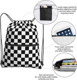 NUBILY Black And White Checkered Print Shopping Bag Drawstring Grocery Bag Backpack String Bags for Shopping